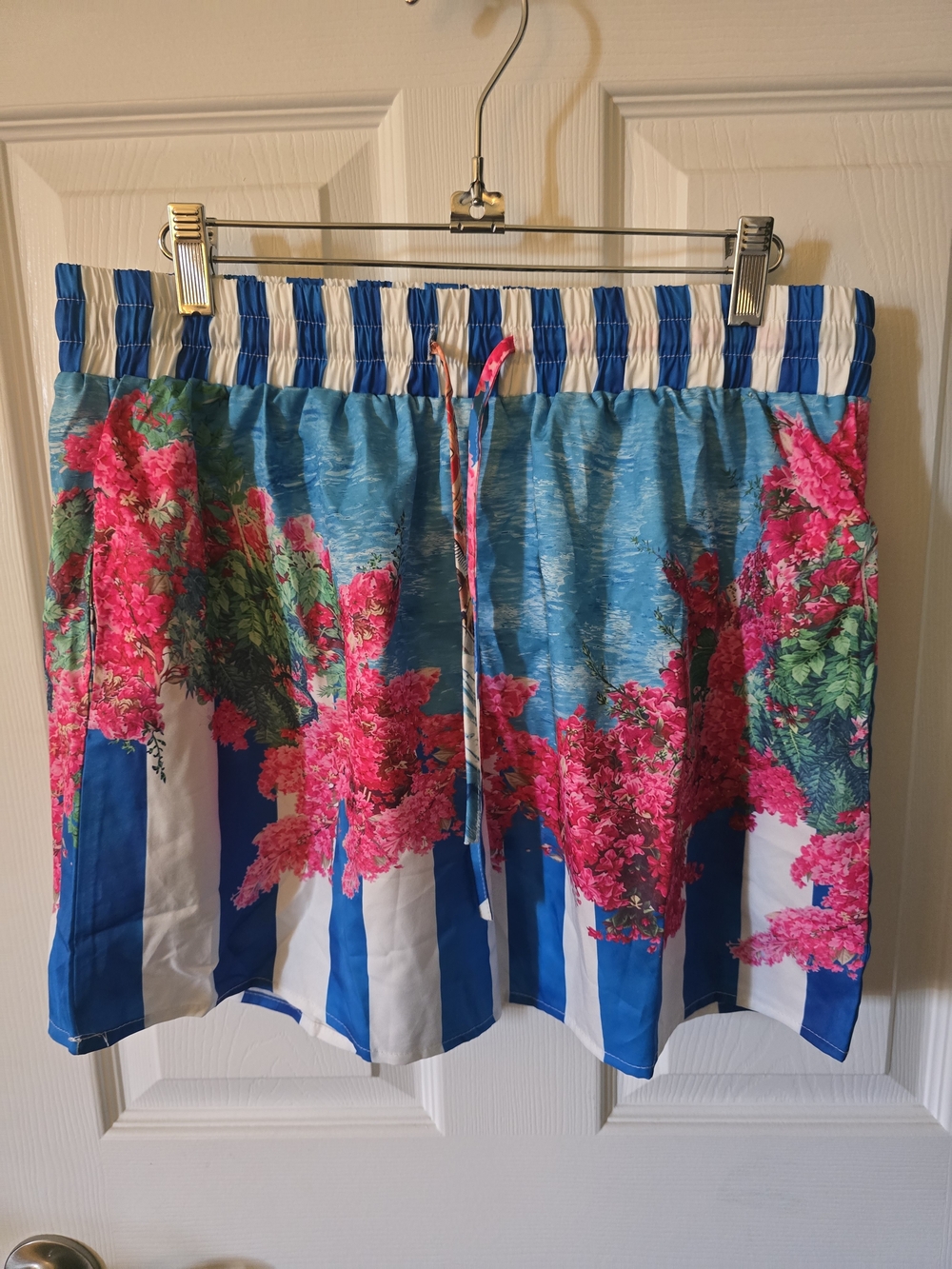 Blue & White Striped Floral Shorts with Pink Blue & White Print